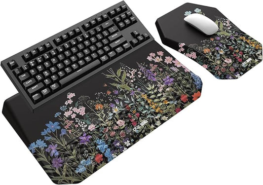 3-in-1 Ergonomic Keyboard Stand with Wrist Rest & Mouse Pad Set, Comfy Keyboard Riser Holder Soft Mousepad with Massage Design, Memory Foam and Non-Slip PU Base for Pain Relief, Flower