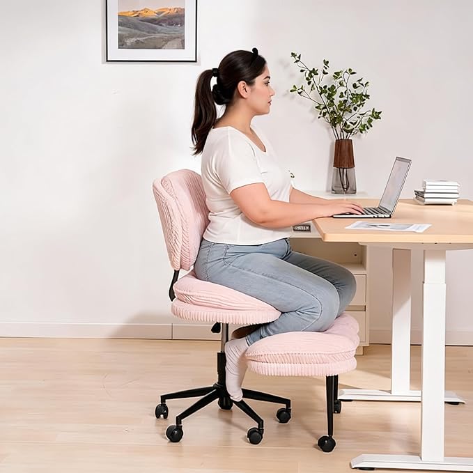 HOMRELEXA Extra-Wide & Tall Cross-Legged Office Chair – Deeply-Padded Cloud Seat, Ergonomic Back Support, Adjustable Height for ADHD & Meditation, Pink