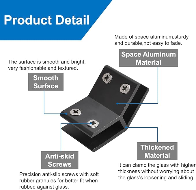 INCREWAY Glass Clamp, 4 Pack Adjustable Black Double Side Aluminum Alloy Glass Shelf Support Bracket for 10-12mm Thickness, 135 Degrees