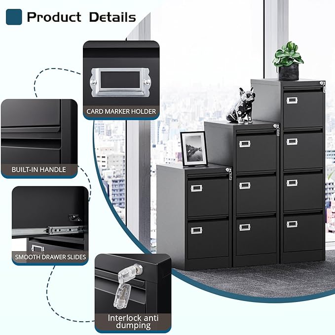 MIIIKO 4 Drawer Filing Cabinets with Lock, Metal File Cabinet with 4 Drawers, Home Office File Folders Cabinet for Letter Legal A4 File Size