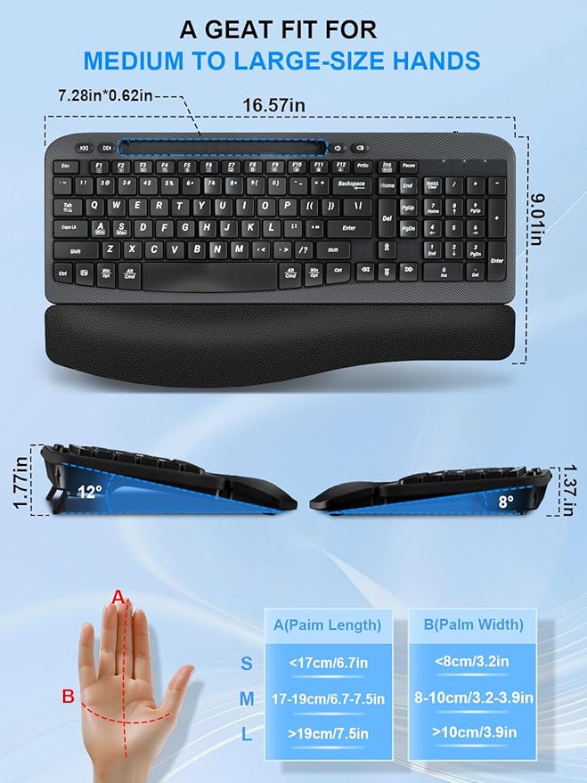 Wireless Keyboard and Mouse Combo, Wave Keys Computer Ergonomic Keyboard with Cushioned Plam Rest, Phone Holder, 2.4GHz Silent 6 Button Wireless Mouse Set for Laptop, PC, Windows, Mac (Black)