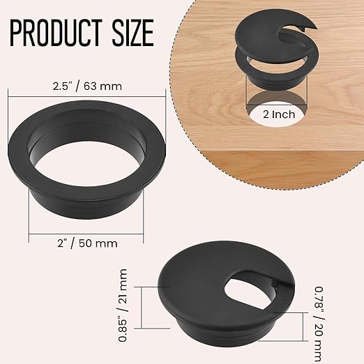 2 Inch Desk Grommet, 6 Pcs 2 Inch ABS Plastic Cable Hole Cover, Tidy Cable Hole Cover Organizers for Office PC Computer Desk Cord Management (Black)