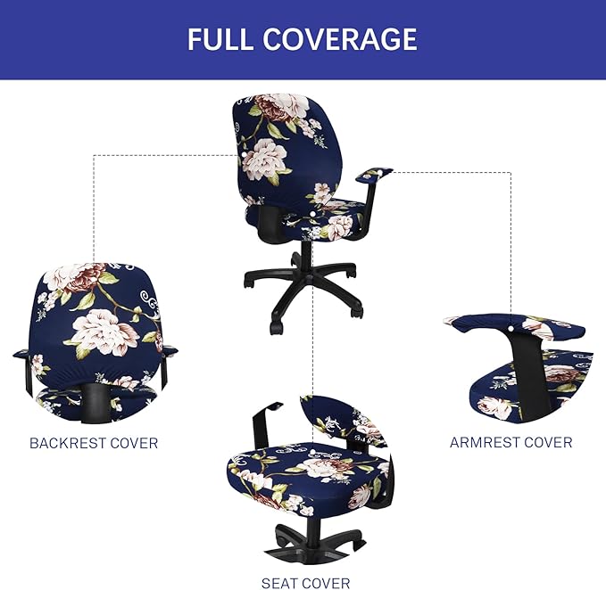 WOMACO Office Computer Chair Cover with Armrest Covers, Stretch Universal Rotating Rolling Desk Chair Slipcover, 4 PCS Stretchable Office Chair Seat Protector (Peony, with Armrest Covers)