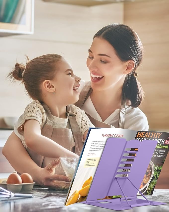 MSDADA Book Stand Metal Reading Rest Book Holder Adjustable Cookbook Documents Holder Portable Sturdy Bookstands for Recipes Textbooks with Page Clips Birthday Gifts for Girls Mom Students(Purple)