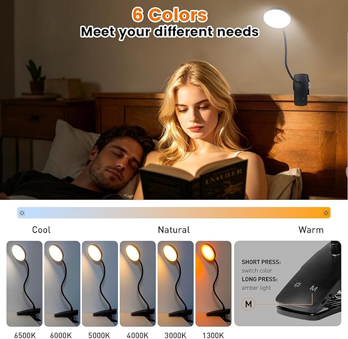 Cordless Clip on Desk Lamp with Clamp, 30 Lighting Modes (6 Colors x 5 Dimming Levels) Eye-Protect 450 Lumen, 360° Flexible Gooseneck & Foldable, Clip on Light for Bed Headboard / Puzzle,Black 2 Pcs