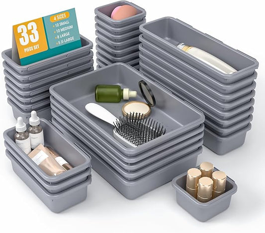 33 PCS Drawer Organizer Set, 4 Size Makeup Drawer Divider Organizer With Non-Slip Pads, Interlocking Plastic Storage Bins for Office,Jewelry Vanity,Gadgets, Bathroom,Kitchen, Grey