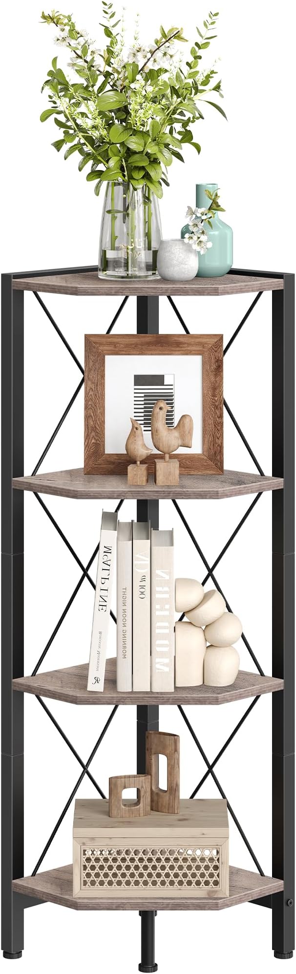CHOEZON 4-Tier Corner Shelf, Corner Bookcase, 43.3" Tall Vertical Display Rack, Plant Stand, Open Storage Shelf, for Living Room, Bedroom, Study, Kitchen, Greige and Black TCJ14BG