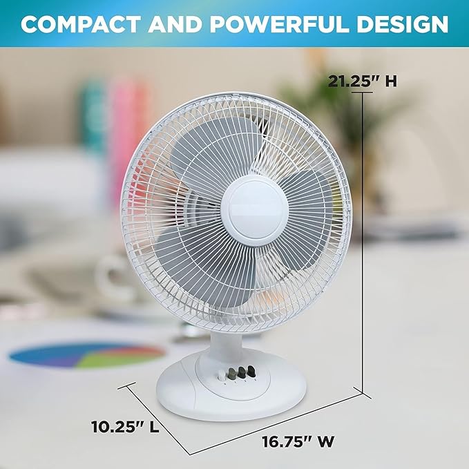 EZ-CHILL 16” Oscillating Table Fan with Adjustable Tilt, Convenient Push Button Controls, Quiet, 3 Speed, Desk Fan, Airflow 15.75 ft/sec, Ideal for Home, Bedroom, Dorm & Office, MTFD-16-BLK