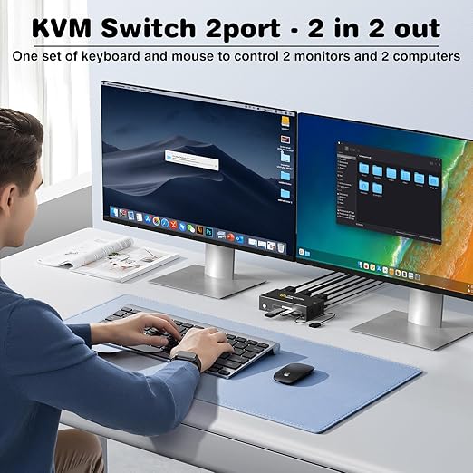 HDMI+Displayport KVM Switch 2 Monitors 2 Computers 8K@60HZ Dual Monitors KVM Switcher for 2 PC/Laptops Share Mouse Keyboard and 2 Screens,with USB3.0 Ports/Wired Controller EDID Adapative