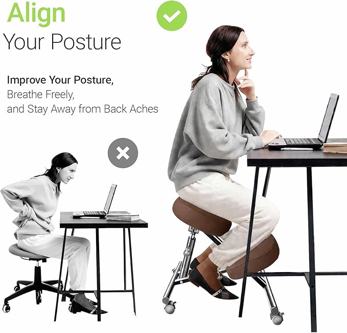 PU Leather Ergonomic Kneeling Chair, Adjustable Home and Office Stool with Thick Pads and Flexible Lockable Brake Wheels for Back Pain Relief（Dark Brown）