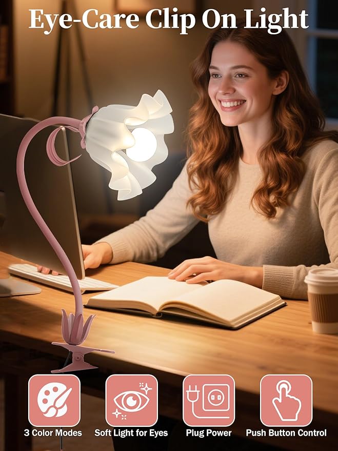 Flower Desk Lamp,Reading Light for Books in Bed,3 Color Modes 360°Rotation Clip on Light,Vintage Flower Bedside Lamp for Bed Headboard Bedroom College Dorm Office Lighting Table Lamp Home Decoration