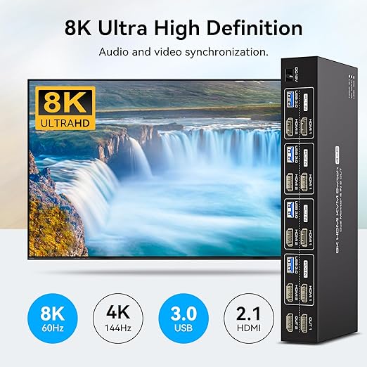 KVM Switch 4 Computers 2 Monitors HDMI 4K120Hz EDID Emulation 4 Port KVM Switch for 4 PCs to Share Dual Monitors and 4 USB 3.0 Peripherals Support for Copy/Extend Modes with Controller