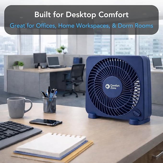 Comfort Zone 9-inch Portable Box Fan – Compact Desktop Cooling Fan with 3-Speeds, Quiet Operation, Built-in Carry Handle & Safety Grill – ETL Listed for Home, Office, or Dorm – Blue