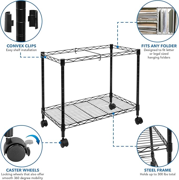 Utility Carts Single Tier Metal Rolling Mobile File Office Pedestal Files Cabinets with Storage Rack and Locking Casters Heavy Duty Steel Hanging Folders Organizer Carts Baskets for Office or Home