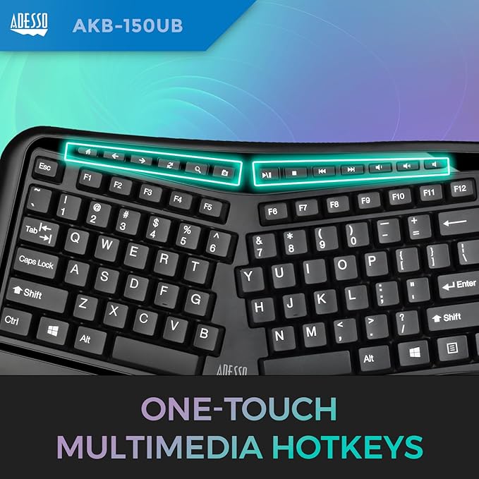 Adesso Ergonomic Split Keyboard AKB-150UB Comfort Ergo Design with Palm Rest, 105-Key US Layout, USB Connectivity, Multimedia & Internet Controls