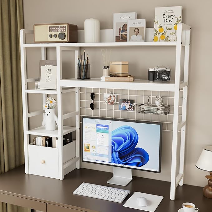 Desk Hutch for Computer Monitor,Desktop Bookshelf Organizer,4 Tier Desk Hutch with Grid Panel,38.6" Desk Shelf Storage Rack for Home Office,Study,Dorm,White