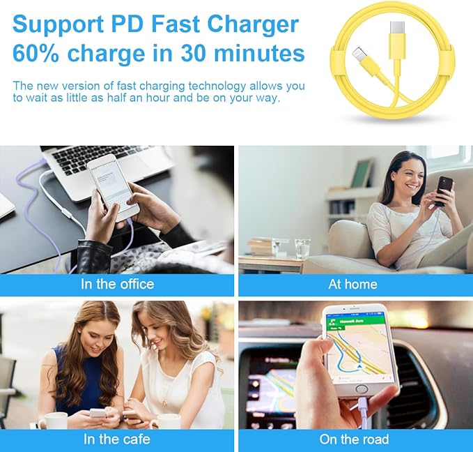 10 Ft iPhone Fast Charger, 2-Pack 20W Super Fast Charger with Long Fast Charging Cable for iPhone 14/13/12/11 Pro Max,14 Plus,Mini,Pro/XS/SE/XR/iPad - Yellow