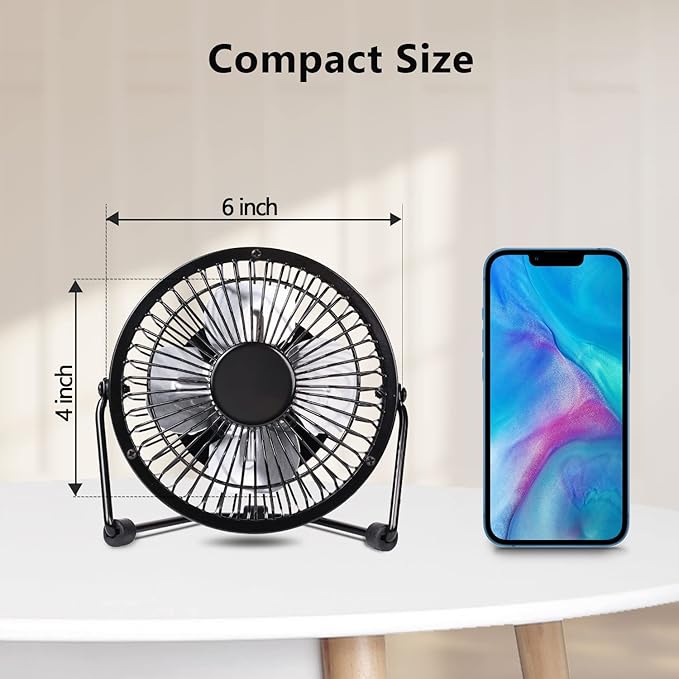 Zuvas Desk Fan Quiet Small USB Fan 360° Rotation Portable Table Fan 2 Speed Mini Personal Fan Air Cooling Electric Fan for Home Office Bedroom Travel Camping, 4 inch Black