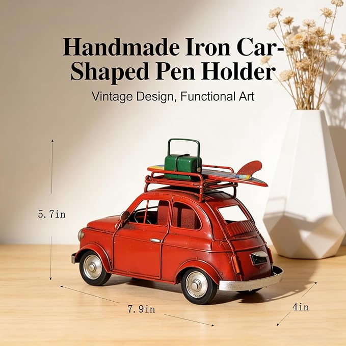 Vintage Photo Frame Pen Holder Car Model Handcrafted Iron Art Car Sculpture Two in One Multi Functional Storage Container with Luggage Compartment and Surfboard Decorations Ideal Gift