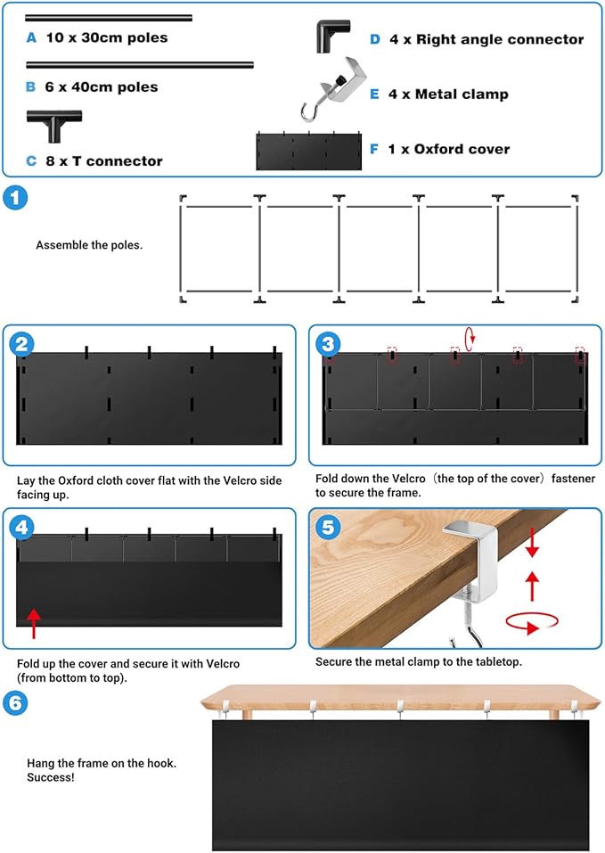 UNIFAMILY 2 in 1 No Drill Under Desk Privacy Panel with Cable Management Organizer Sleeve, 60 IN Oxford 600D Modesty Desk Panel with Cord Organizer, Desks Skirt for Home Office or Standing Workstation