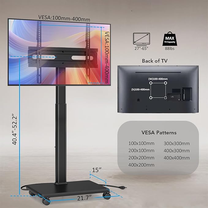 AX WABER Mobile TV Stand with Power Outlets, Floor Portable TV Stand with Wheels for 27-65Inch LCD LED OLED Flat/Curved Panel Screen TVs, Swivel,Height Adjustable&Wood Base, RollingTV Cart Black
