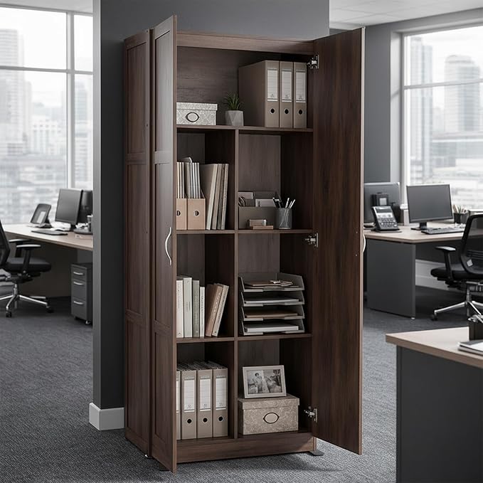 DUMOS Office Storage Cabinet, Large Capacity Organizer, Wooden Bedroom Storage Unit for CD, Blankets and Books, Suitable for Living Rooms, Office and Study Rooms, Brown