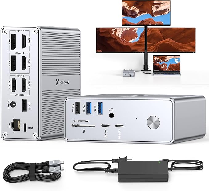 TobenONE 𝗗𝗶𝘀𝗽𝗹𝗮𝘆𝗟𝗶𝗻𝗸 𝗗𝗿𝗶𝘃𝗲𝗿 𝗥𝗲𝗾𝘂𝗶𝗿𝗲𝗱 Docking Station, Supports 3 Monitors, 10Gbps USB, 120W Power Supply, 18W Charging for Phone, Gigabit Ethernet, Audio,Compatible with macOS