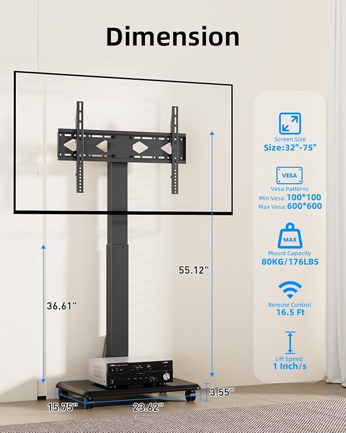 Motorized Mobile TV Stand on Wheels for 32-75 Inch TVs up to 176 lbs, Electric Height Adjustable Rolling TV Cart, Heavy Duty Portable Rolling TV Stand, Smart Remote with Memory Presets, Black