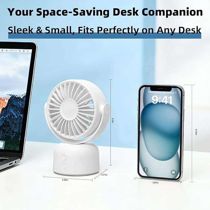 Small Oscillating Desk Fan USB Rechargeable 3 Speed Portable Mini Cooling Fan Quiet Personal Fan for Home Office Bedroom
