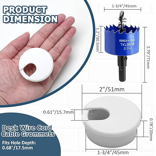 8pcs 1-3/4 Inch Desk Grommet with Drilling Hole Saw, Plastic Desk Hole Cover, White Cable Hole Cover, Desk Hole Grommet for Wire Cord Organizing Office Computer Desk