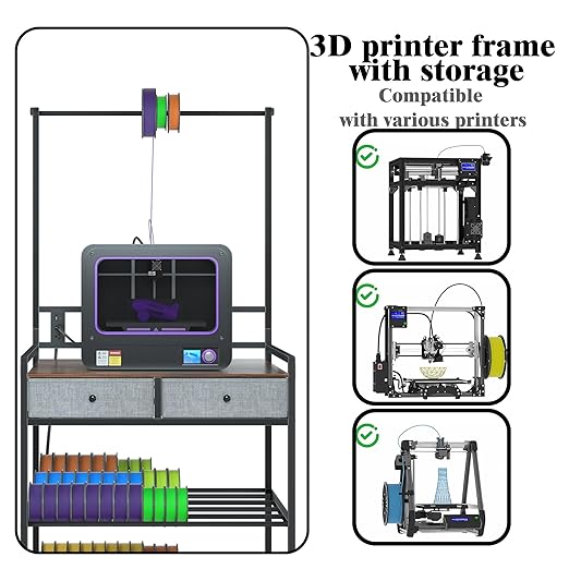 DALEMHOME 3D Printer Stand with Storage, 3D Printer Table with Power Outlet & Filament Rack, Heavy Duty Metal Workstation with Drawers for 3D Printing, Rustic Brown, 31.5" L x 23.6" W x 63" H