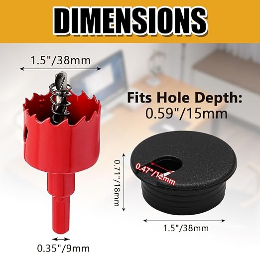 12 Pack 1-1/2 Inch Black Desk Grommet, Plastic Cable Hole Cover Computer Table Cord Wire Organizer, Desktop Cord Management for Home Office/TV Stands Tabletops (with Hole Saw)