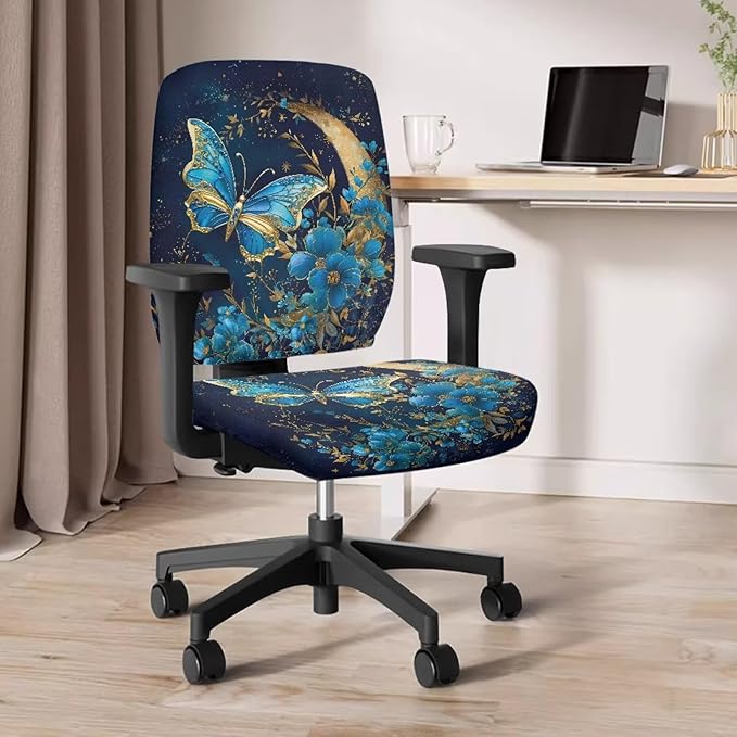Butterfly Flower Office Chair Covers Stretchable Office Chair Seat Cover Removable Dorm Computer Rotating Chair Slipcover Desk Accessories Split Rotating Swivel Chair Padded Protector