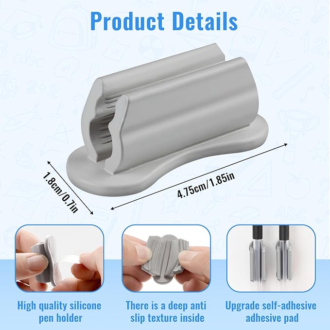 VZZNN Adhesive Pencil Holders for Desk,40 PCS Silicone Pencil Holder for Desk,Marker Holder,Adhesive Pen Holder for Classroom Clipboard Attachment,for School Office Accessories,Teacher(Grey)