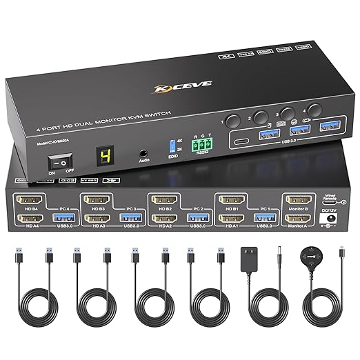 4 Port HDMI KVM Switch 2 Monitors 4 Computers 4K@60Hz EDID Simulation Dual Monitor KVM Switch with 4 USB 3.0 Ports for USB Peripherals, Audio, RS232, with Wired Remote,12V Power and 4 USB Cables