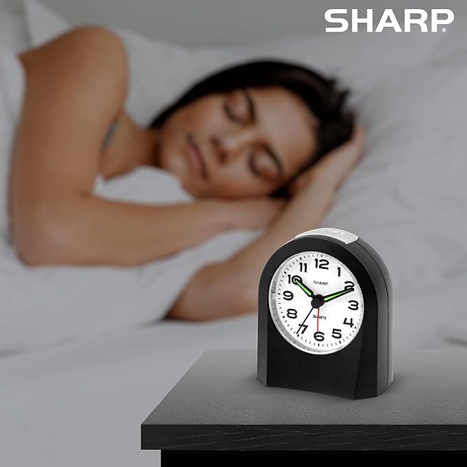 Sharp Small Battery Operated Analog Alarm Clock Silent No Ticking, Lighted on Demand and Snooze, Beep Sounds, Gentle Wake, Ascending Alarm, Black