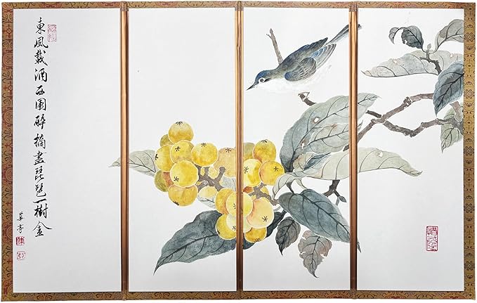 Hand-Painted Chinese Folding Screen - Traditional Oriental Partition with Bird & Loquat Pattern Mini Room Divider, Desktop Privacy Panel, (35x56cm) Symbolizing Happiness (Bird + Loquat)