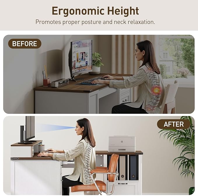RALGEND Farmhouse 69" Executive L Shaped Desk with Drawer, Home Office Desk with Charging Station, Corner Computer Desk with Monitor Stand, File Drawer, Storage Cabinet, White and Walnut