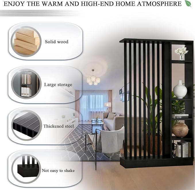 Room Divider with Shelves, Entrance Hall Partition Screen Column Floor to Ceiling - Freestanding Room Divider with Storage Shelf, Freestanding Decor for Bedroom (A Black + Black, 47.2in / 120cm)
