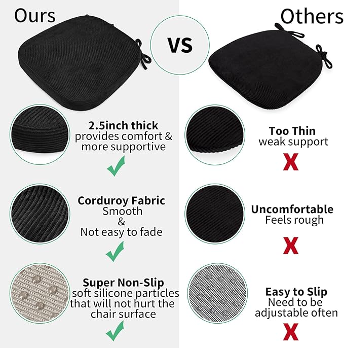 2.5" Thick Chair Cushions for Dining Chair, Corduroy High Density Foam Kitchen Chair Pads, U Shaped Indoor Seat Cushions with Ties & Non-Slip Backing, Washable Cover, 17''x16.5'', Black