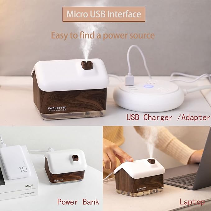 Mini Cabin Humidifier,House Shape, Cute Personal Small Humidifier with adjustable Cool Mist Mode,7 Color Light for office Desktop,Plant Home Indoor Room Baby Bedroom Super Quiet Christmas Gift