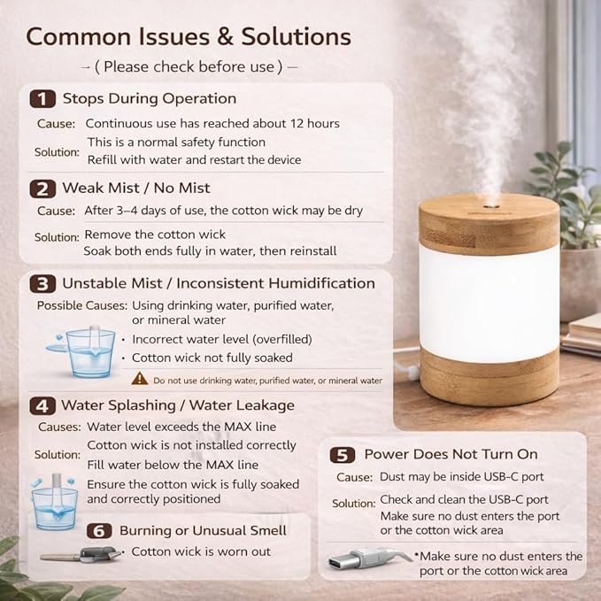 Bamboo Ultrasonic Mini Humidifier, 400ml Quiet Desktop Humidifier with Dual LED Night Light, USB-C Powered, Auto Shut-Off, Portable Small Room Air Moisturizer for Bedroom, Desk, Office & Travel