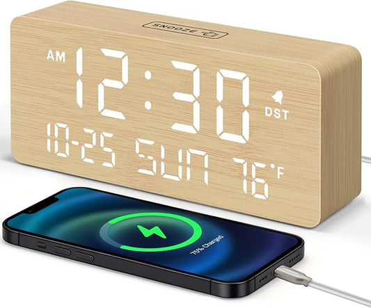 DreamSky Wooden Digital Alarm Clocks for Bedrooms - Living Room Desk Clock with Date and Day of Week, Temperature, USB Port, Dimmer Wheel, Adjustable Volume, Auto DST, Wood Decor for Office Table
