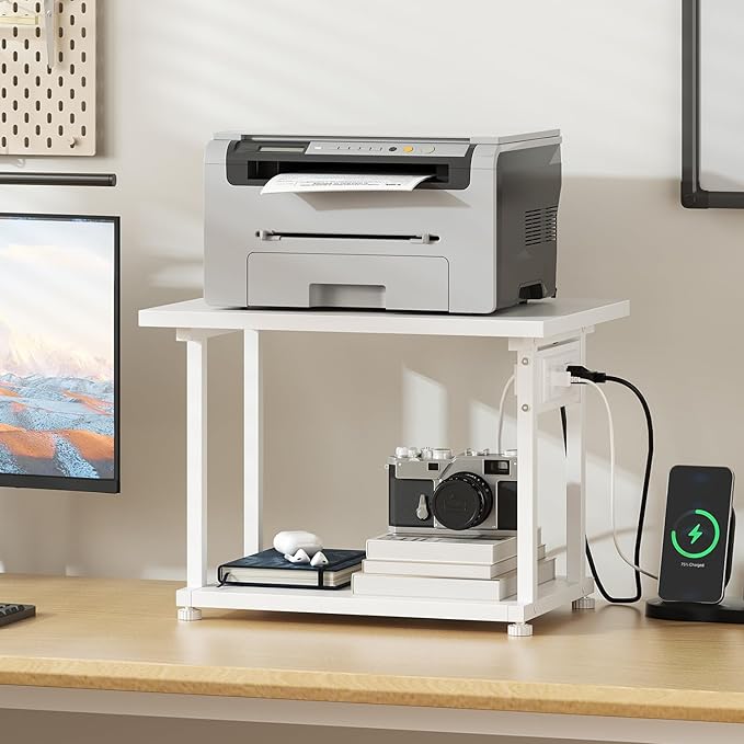 Asgolion Printer Table, 2-Tier Under Desk Printer Stand with Charging Station, Printer Stand with Wheels, PrinterShelf for Small Spaces, Printer Cart for Home Office White