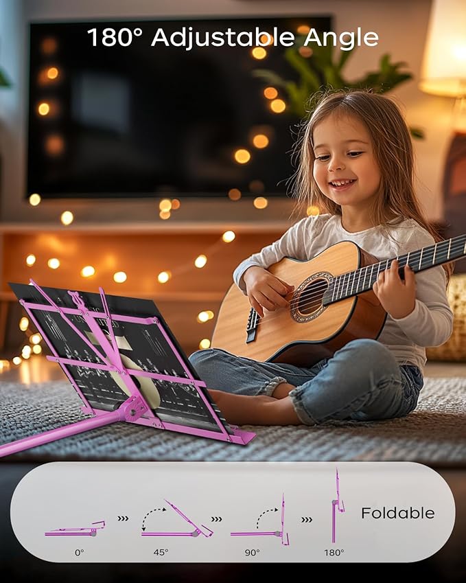 K KASONIC - Music Stand, 2 in 1 Dual-Use Folding Sheet Music Stand & Desktop Book Stand, Portable, Lightweight with Music Sheet Clip Holder & Carrying Bag Suitable for Instrumental Performance (Pink)