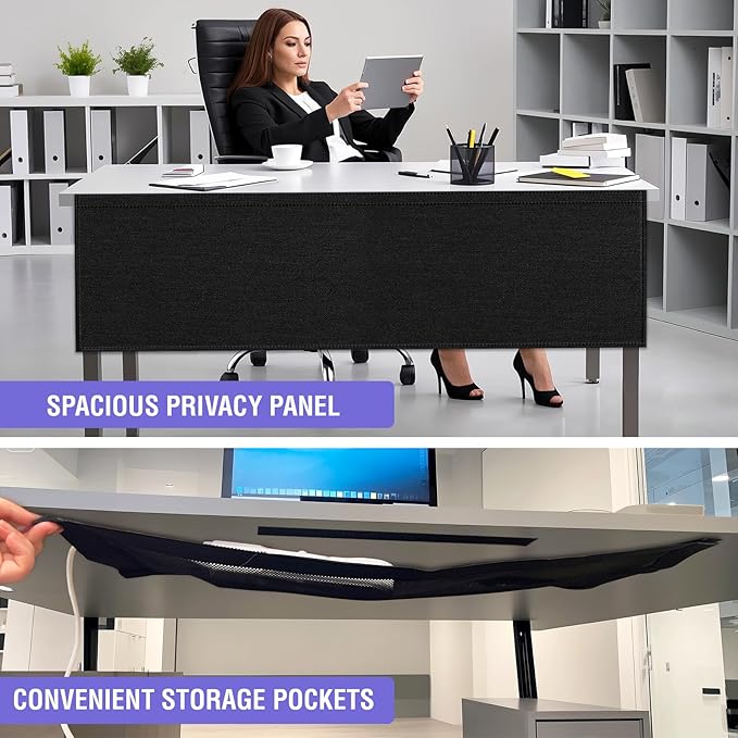 14.9 x 60 Inch Under Desk Privacy Panel with Cable Management Net Desk Skirt Modesty Desk Panel Self-Gripping Straps for Office and Home