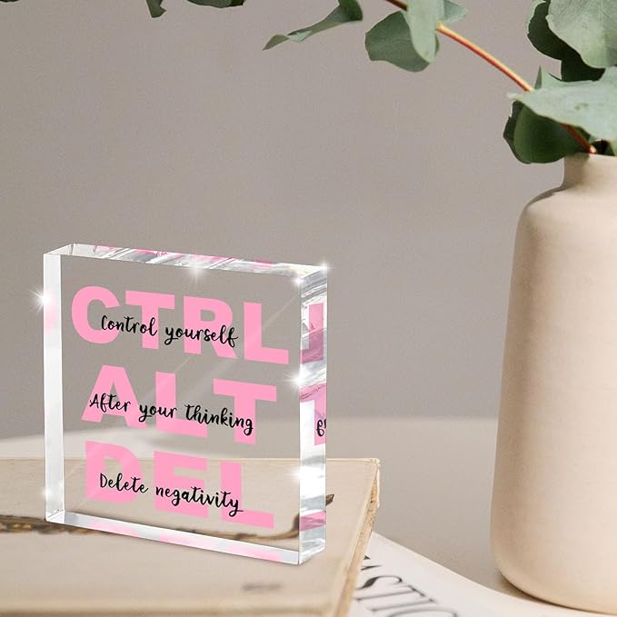 Empowerment Acrylic Sign - 4"x 4" Pink Office Desk Gift for Female Employees, Team Appreciation Decor with Inspirational Quote, Corporate Women's Day