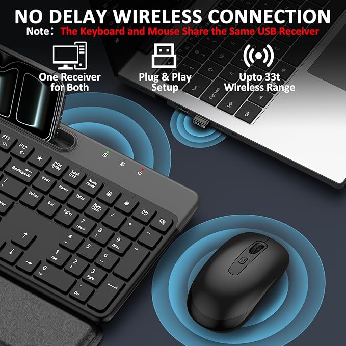 Ergonomic Wireless Keyboard and Mouse Combo, Full Size Silent Ergonomic Keyboard with Cloud Soft Palm Rest, Phone Holder, 3 DPI Adjustable Mouse, 2.4G Lag-Free Quiet for Mac, Windows, PC, Laptop