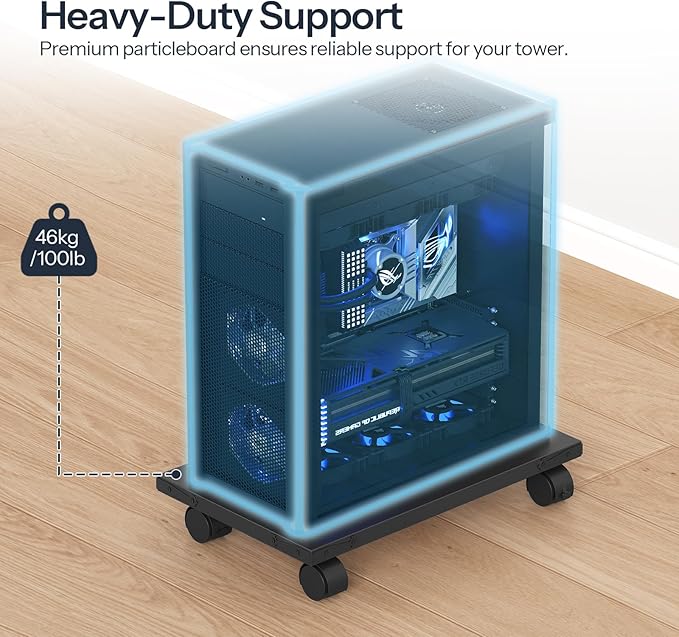 HOOBRO Mobile PC Stand, Ventilated Computer Tower Stand, PC Tower Holder with 4 Caster Wheels, CPU Holder Under Desk Fits Most Computer Tower, for Office, Gamers, Black BB46CJ01
