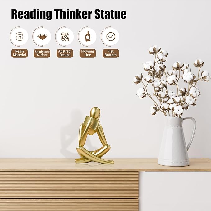 UTTCMK Bookshelf Decor Reading Statue - Abstract Art Thinker Sculpture Bookend for Shelves Aesthetic, Modern Home Decoration Figurine for Living Room Office Shelf Desk Coffee Table Decor(Gold Right)